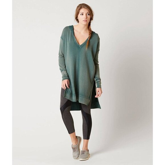 RARE Free People Green Casual Boho Oversized Plunging V-Neck Hooded Tunic Top - Picture 12 of 16